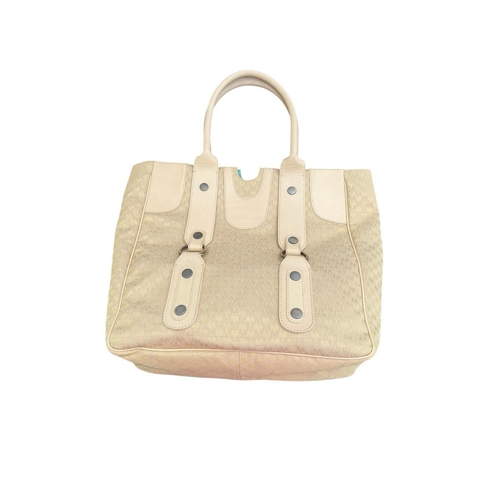Max Mara Tote Bag Women Large Beige Cream Excellent Woven Monogram Leather Trim